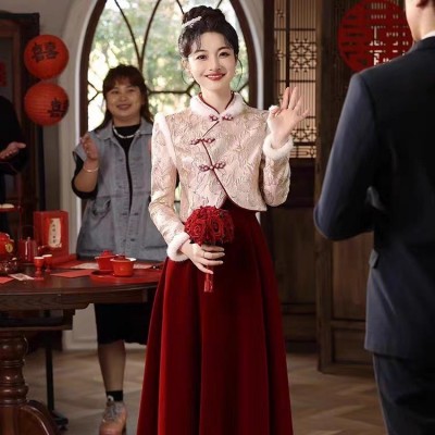粉色敬酒服新娘高级感红色中式订婚裙长袖加厚秋冬季结婚回门礼服2件图4