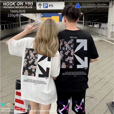 王一博同款OFF字母箭头小雏菊短袖T恤男女white宽松ins情侣装图3