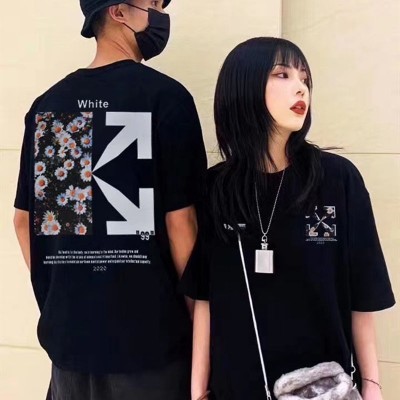 王一博同款OFF字母箭头小雏菊短袖T恤男女white宽松ins情侣装图4