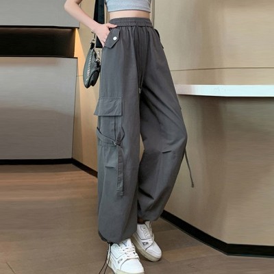美式工装直筒裤女2024春季新款初高中学生高腰宽松束脚阔腿休闲裤图3