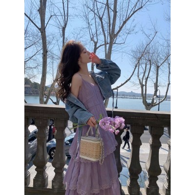 白色蕾丝吊带连衣裙女2024夏季新款气质海边度假风蛋糕裙沙滩长裙图4