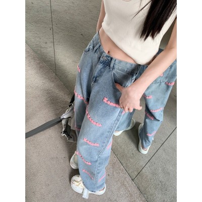 春款粉色刺绣牛仔裤女高腰设计感休闲百搭直筒显瘦阔腿裤图3