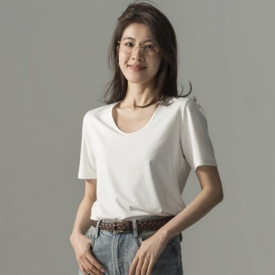 正肩短袖u领t恤女宽松夏季新款修身显瘦基础款爆款上衣打底衫图2