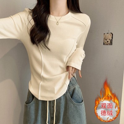 正肩长袖德绒打底衫女 早秋冬新款设计感修身辣妹鱼骨内搭t恤上衣图2