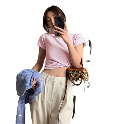 螺纹纯棉正肩短袖t恤女ins潮牌圆领叠穿打底体恤小衫修身显瘦上衣图5
