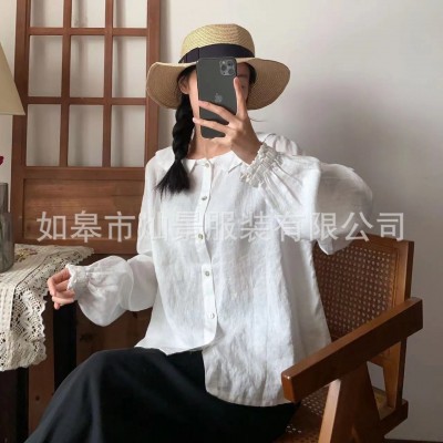 2024春季新款亚麻面料娃娃领袖口松紧可前后穿，简单大方文艺小清图3