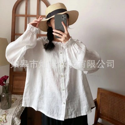 2024春季新款亚麻面料娃娃领袖口松紧可前后穿，简单大方文艺小清图5