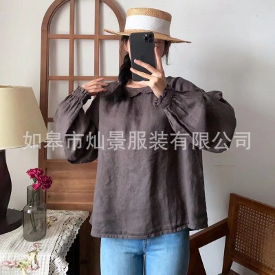 2024春季新款亚麻面料娃娃领袖口松紧可前后穿，简单大方文艺小清图4