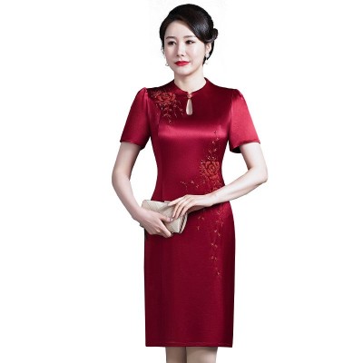 婚宴妈妈装礼服夏季新款气质短袖醋酸缎连衣裙中老年女装改良旗袍图4