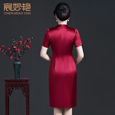 婚宴妈妈装礼服夏季新款气质短袖醋酸缎连衣裙中老年女装改良旗袍图5
