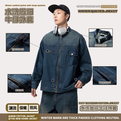 ATBORDER春季日系复古水洗做旧宽松拉链立领牛仔夹克外套男士图3