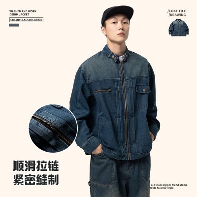 ATBORDER春季日系复古水洗做旧宽松拉链立领牛仔夹克外套男士图2