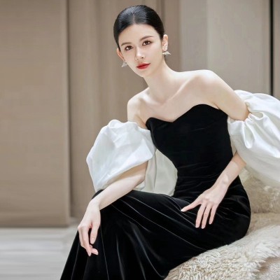黑色抹胸晚礼服高端轻奢小众鱼尾订婚裙主持人连衣裙长款2024新款图3