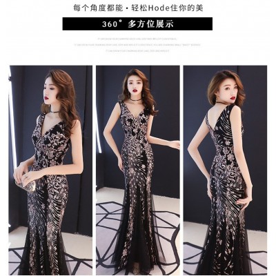 婚纱晚礼服高贵新娘敬酒服深V领露背绣花包臀鱼尾长连衣裙主持人图2