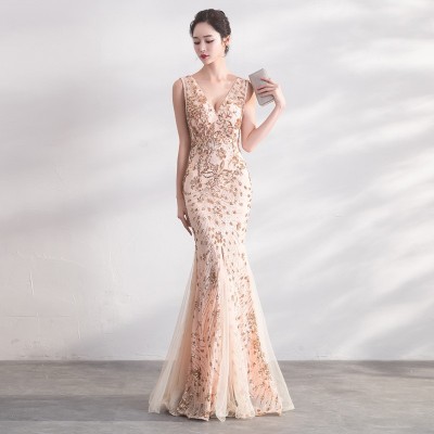 婚纱晚礼服高贵新娘敬酒服深V领露背绣花包臀鱼尾长连衣裙主持人图3
