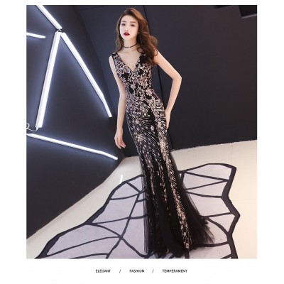 婚纱晚礼服高贵新娘敬酒服深V领露背绣花包臀鱼尾长连衣裙主持人图5
