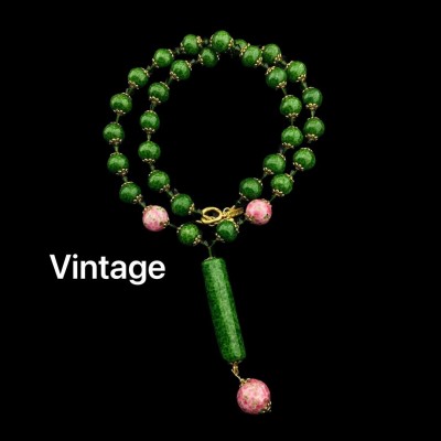 蜜南中古Vintage手工古法老料绿蛙粉蛙点翠双拼琉璃中长 款Y字项链图5