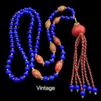 【蜜南】中古Vintage老料子红色凤尾搭配流苏坠子 长款 斜跨链项链图5