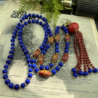【蜜南】中古Vintage老料子红色凤尾搭配流苏坠子 长款 斜跨链项链图2