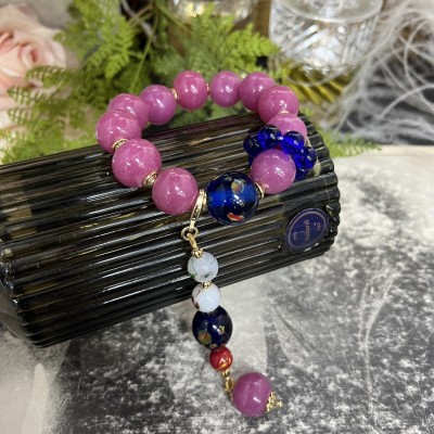 【蜜南】中古Vintage复古金红蓝凤眼老料 琉璃手链自带 跑马环项链图2
