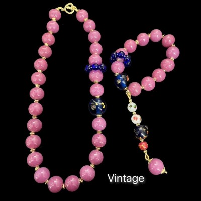 【蜜南】中古Vintage复古金红蓝凤眼老料 琉璃手链自带 跑马环项链图5