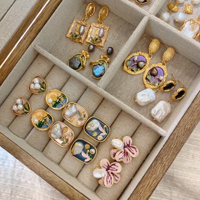 中古风巴洛克珍珠耳环法式油画框花朵耳钉宫廷风轻奢复古 文艺耳饰图3