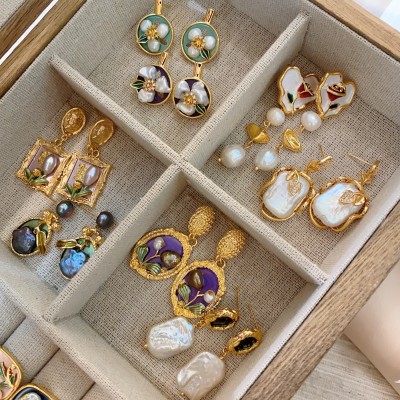 中古风巴洛克珍珠耳环法式油画框花朵耳钉宫廷风轻奢复古 文艺耳饰图2