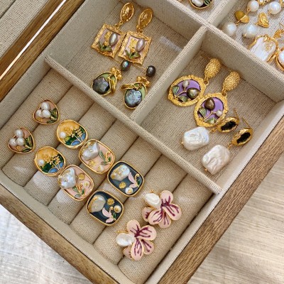中古风巴洛克珍珠耳环法式油画框花朵耳钉宫廷风轻奢复古 文艺耳饰图4