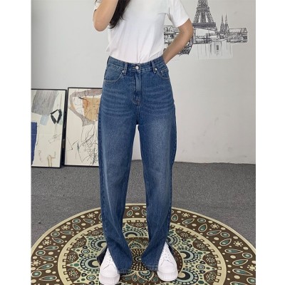 单件批发春夏港风复古侧开叉休闲高腰宽松阔腿直筒牛仔裤女图2