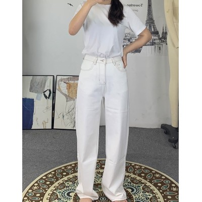 2023新款春夏米白色牛仔裤女宽松直筒高腰刺绣垂坠感泫雅拖地阔腿图4