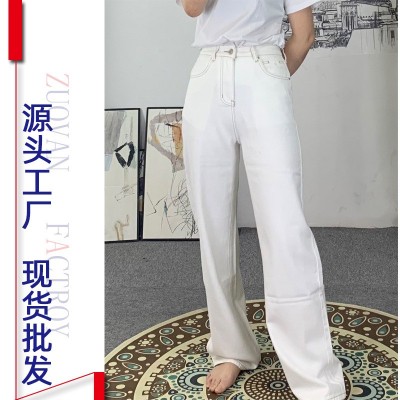 2023新款春夏米白色牛仔裤女宽松直筒高腰刺绣垂坠感泫雅拖地阔腿图5