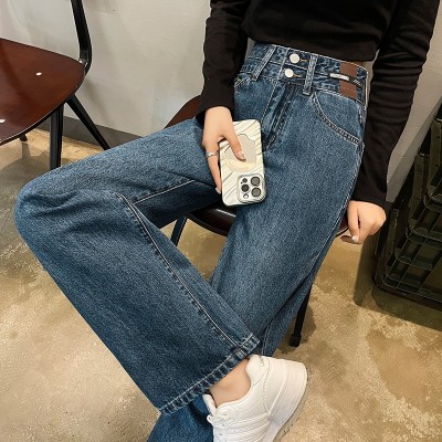 阔腿直筒型牛仔裤女加绒小个子宽松女裤皮牌双排扣新款牛仔裤子女图3