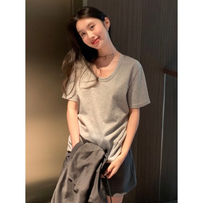 楠涛韩系慵懒U领短袖t恤女2024春夏薄款纯色内搭简约显瘦 百搭上衣图5