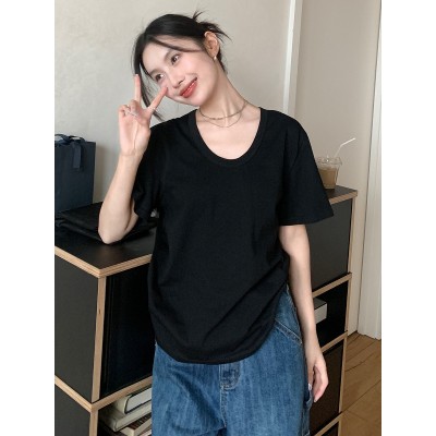楠涛韩系慵懒U领短袖t恤女2024春夏薄款纯色内搭简约显瘦 百搭上衣图3