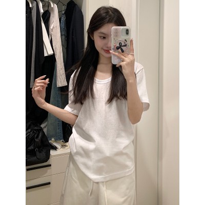 楠涛韩系慵懒U领短袖t恤女2024春夏薄款纯色内搭简约显瘦 百搭上衣图4