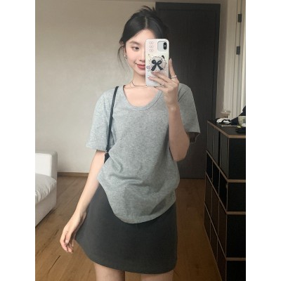 楠涛韩系慵懒U领短袖t恤女2024春夏薄款纯色内搭简约显瘦 百搭上衣图2