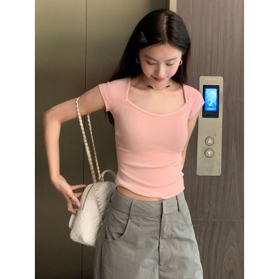 楠涛纯欲方领露锁骨T恤女2024新款辣妹风修身短袖小众别致上衣图2