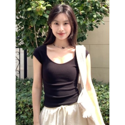 楠涛纯欲方领露锁骨T恤女2024新款辣妹风修身短袖小众别致上衣图5