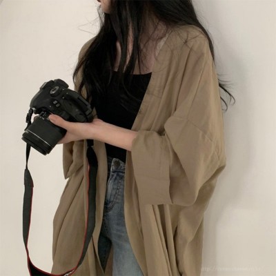 夏季韩版宽松长袖开衫外套女衬衫东南亚女装纯色薄款风衣防晒衣女图2