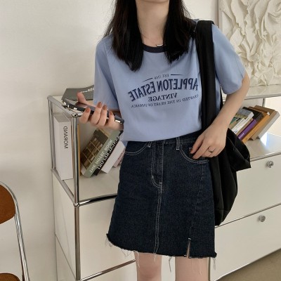 美式撞色圆领短袖t恤女休闲撞色夏季字母印花宽松短款复古上衣ins图2
