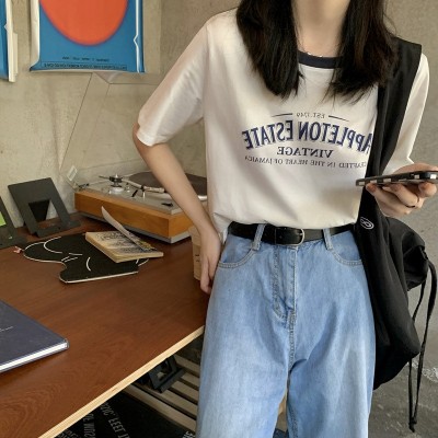 美式撞色圆领短袖t恤女休闲撞色夏季字母印花宽松短款复古上衣ins图3