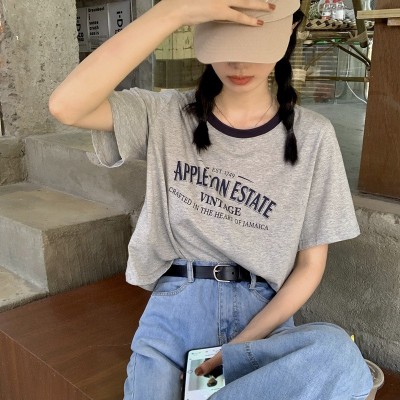 美式撞色圆领短袖t恤女休闲撞色夏季字母印花宽松短款复古上衣ins图4