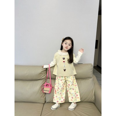 女童卡通小熊针织背心2024春季女宝爱心直筒裤休闲裤花边领娃娃衫图2