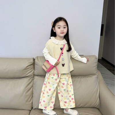 女童卡通小熊针织背心2024春季女宝爱心直筒裤休闲裤花边领娃娃衫图5