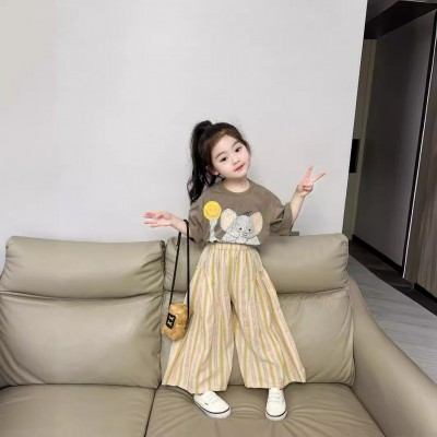 2024春夏新款韩版女童卡通大象T恤条纹阔腿裤套装宝宝短袖t恤童装图5