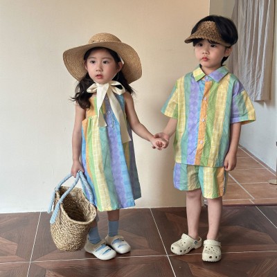 儿童夏季套装男童纯棉2024新款宝宝夏装洋气女童连衣裙姐弟兄妹装图2