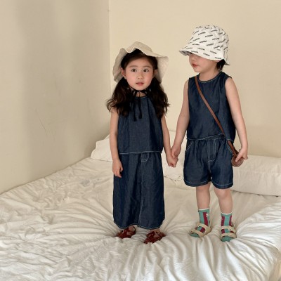 儿童夏季牛仔套装男童2024新款休闲宝宝背心女童裙子姐弟兄妹夏装图5
