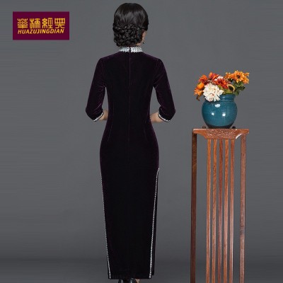 华族经典新品金丝绒改良旗袍裙丝绒中袖时尚旗袍复古立领长款旗袍图4