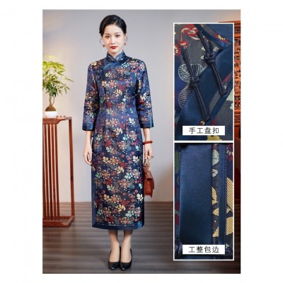 华族经典（蓝锦韶光）高端真丝宋锦旗袍长款京派全开襟女图5