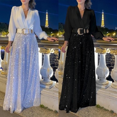 2024连衣裙女春秋高级感 V领长袖衬衫气质优雅收腰亮片法式阔腿裤图3